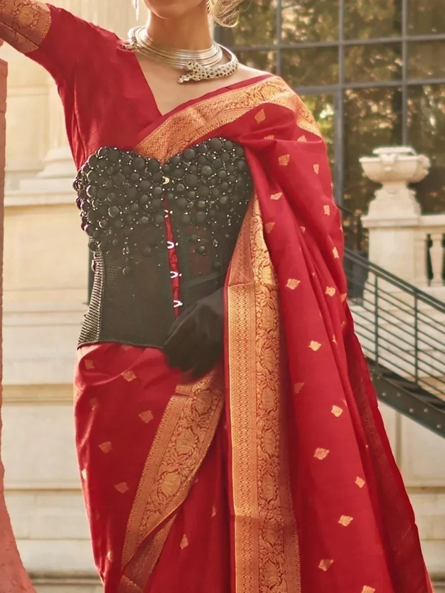 Ravishing Red Zari Weaving Silk Function Wear Saree With Blouse