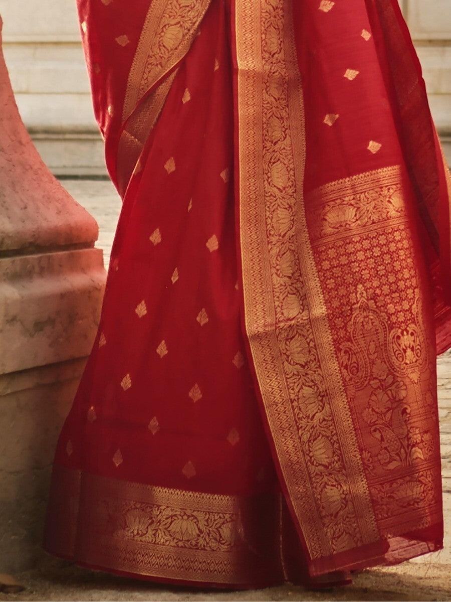 Ravishing Red Zari Weaving Silk Function Wear Saree With Blouse