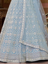 Ravishing Sky-Blue Embroidered Net Designer Lehenga Choli With Dupatta