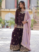 Ravishing Wine Embroidered Georgette Eid Wear Sharara Suit