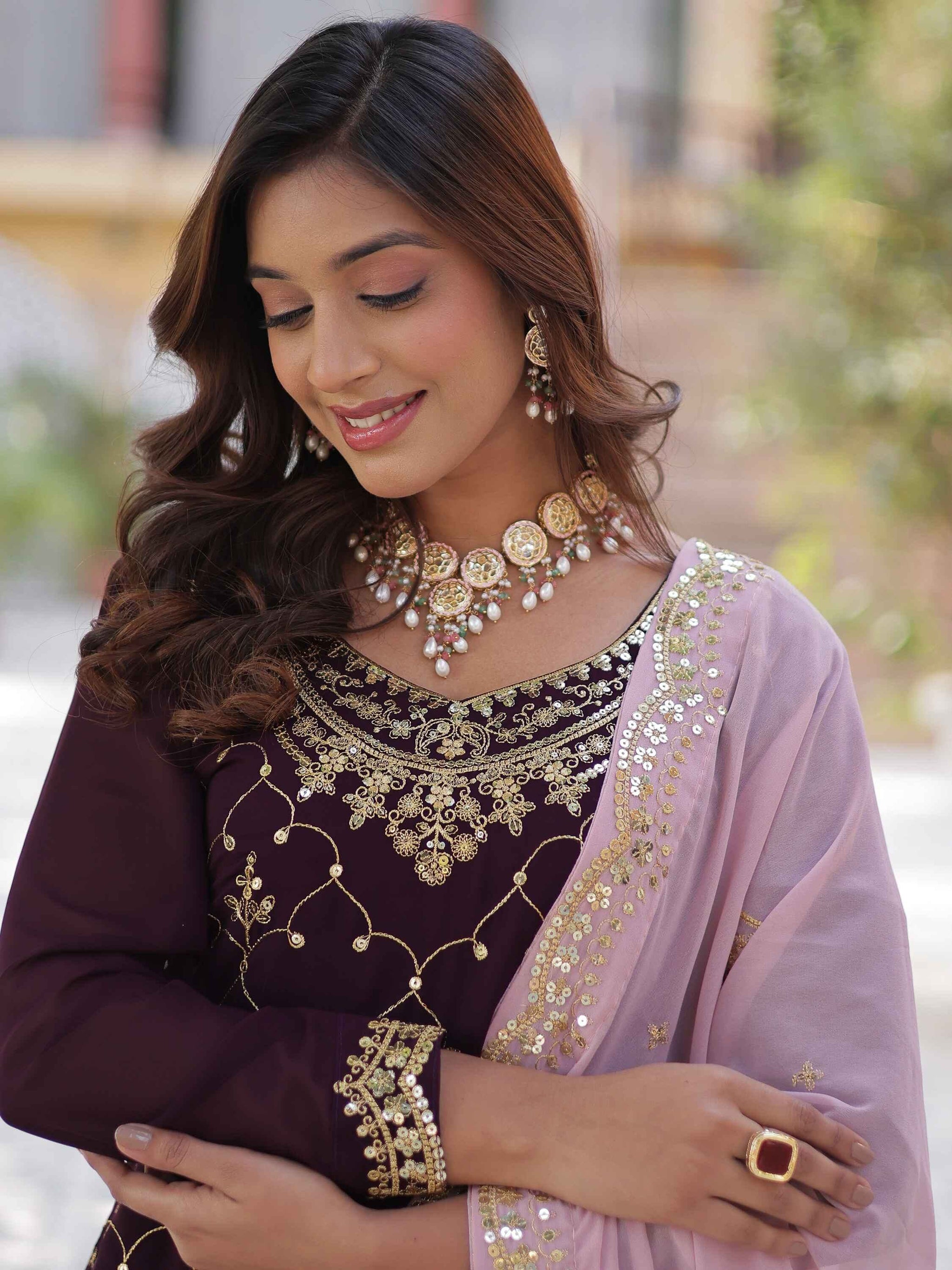 Ravishing Wine Embroidered Georgette Eid Wear Sharara Suit