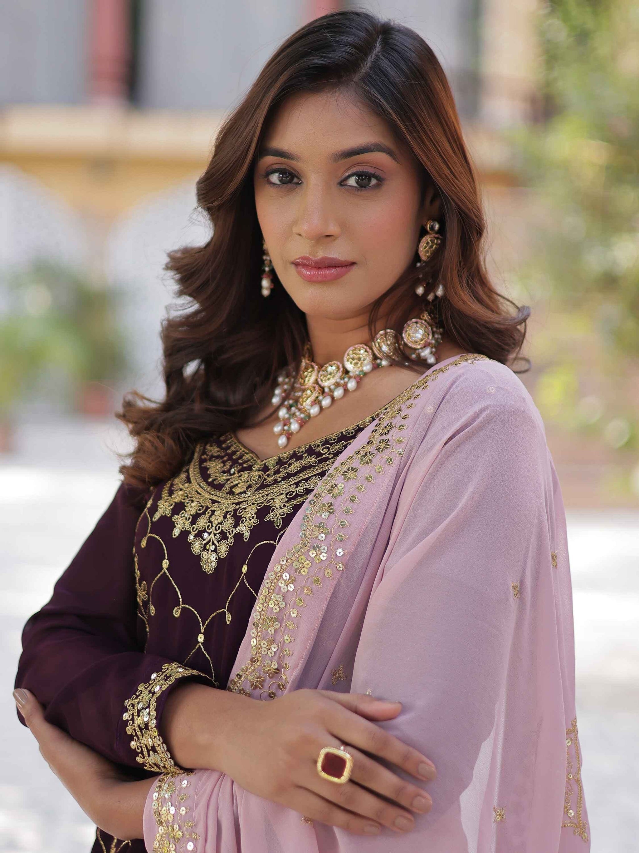 Ravishing Wine Embroidered Georgette Eid Wear Sharara Suit