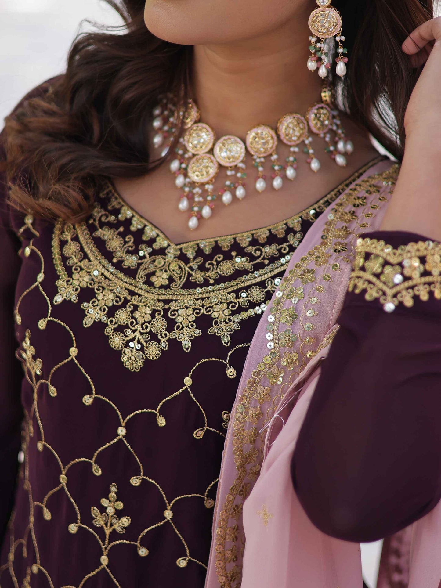 Ravishing Wine Embroidered Georgette Eid Wear Sharara Suit