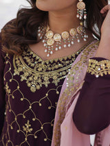 Ravishing Wine Embroidered Georgette Eid Wear Sharara Suit