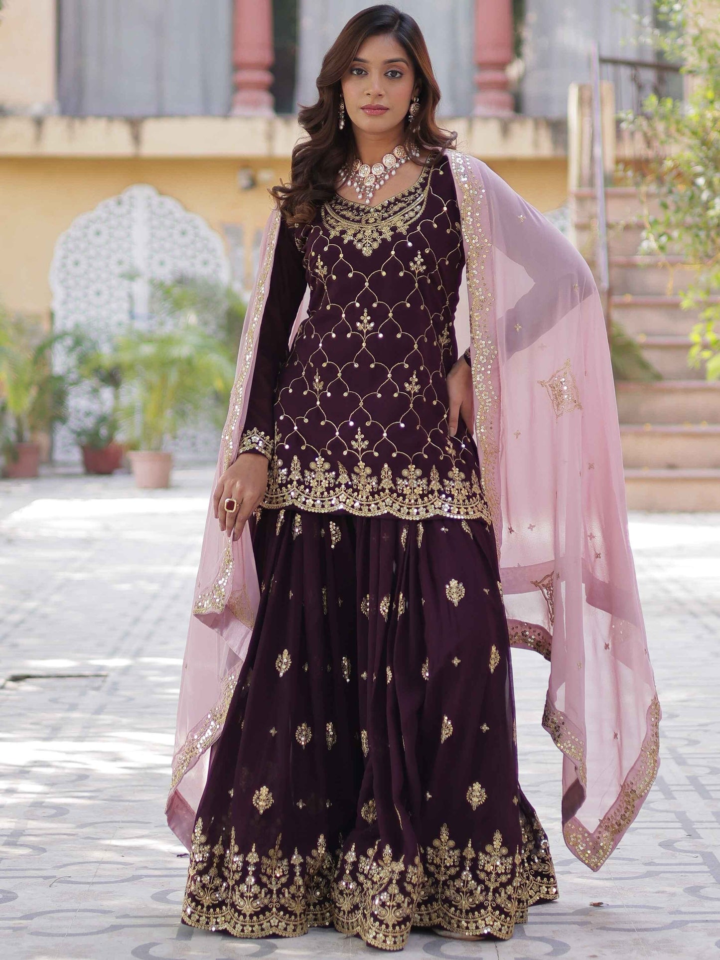 Ravishing Wine Embroidered Georgette Eid Wear Sharara Suit
