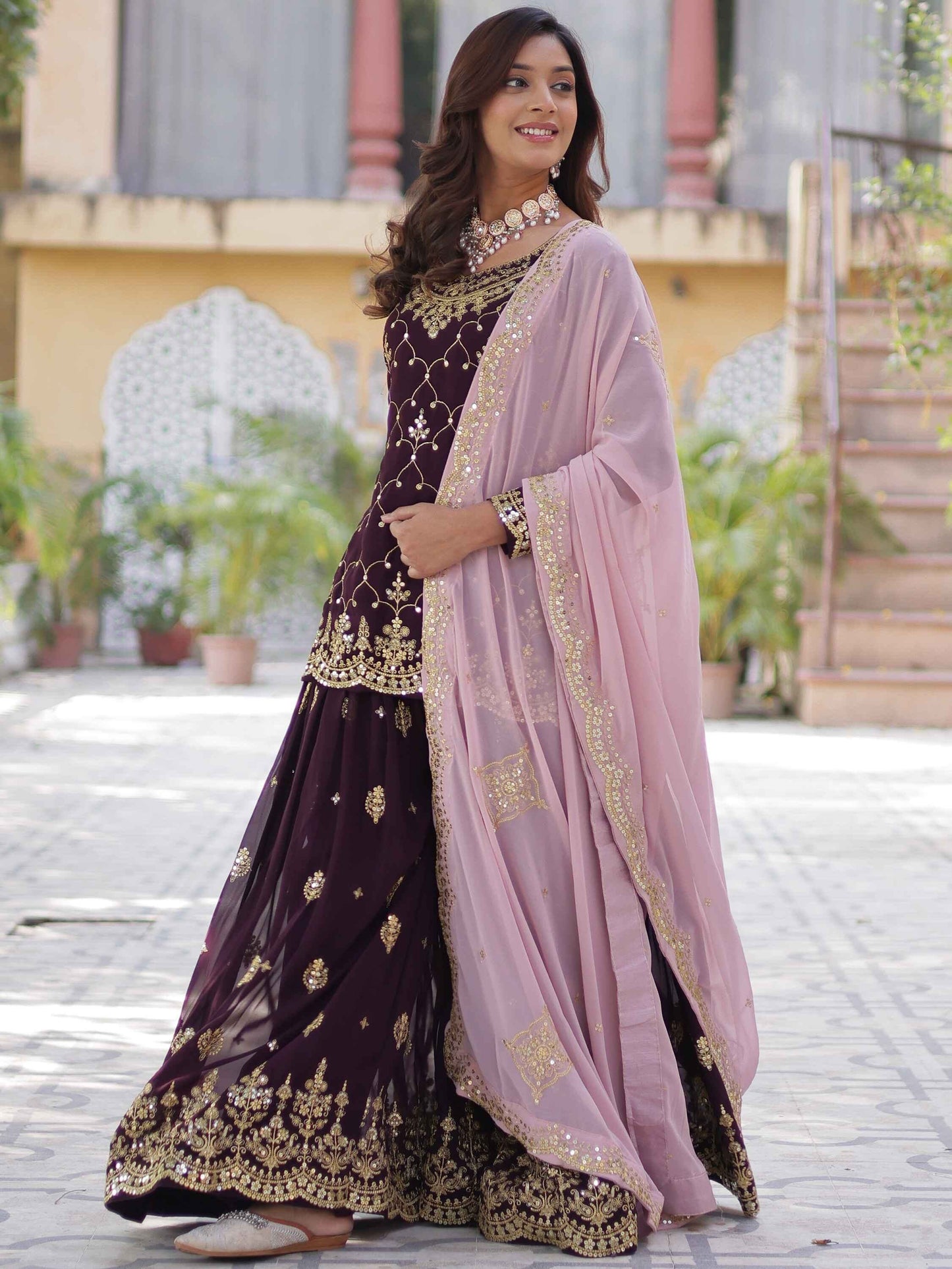 Ravishing Wine Embroidered Georgette Eid Wear Sharara Suit