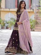 Ravishing Wine Embroidered Georgette Eid Wear Sharara Suit
