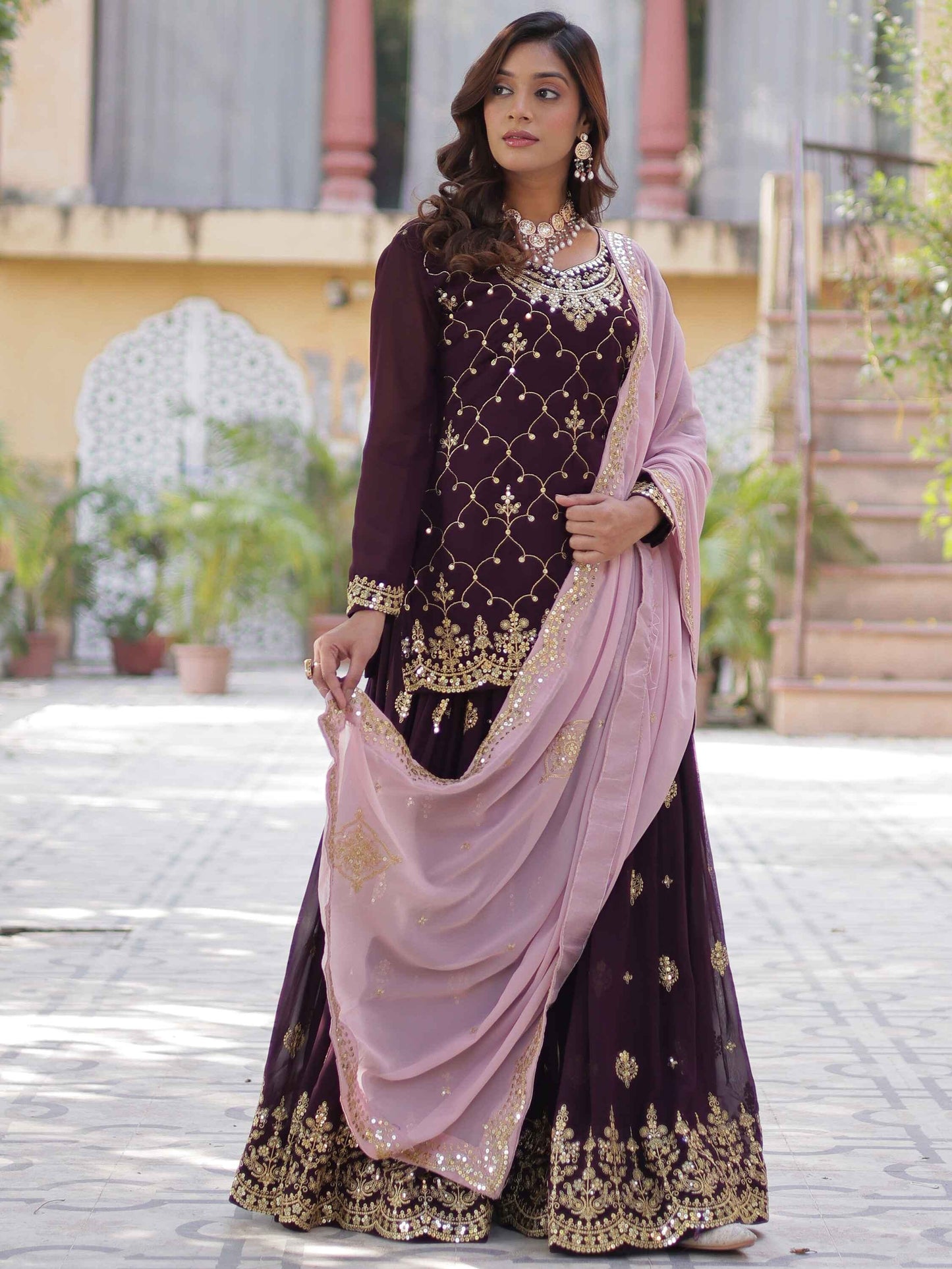 Ravishing Wine Embroidered Georgette Eid Wear Sharara Suit