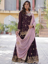 Ravishing Wine Embroidered Georgette Eid Wear Sharara Suit