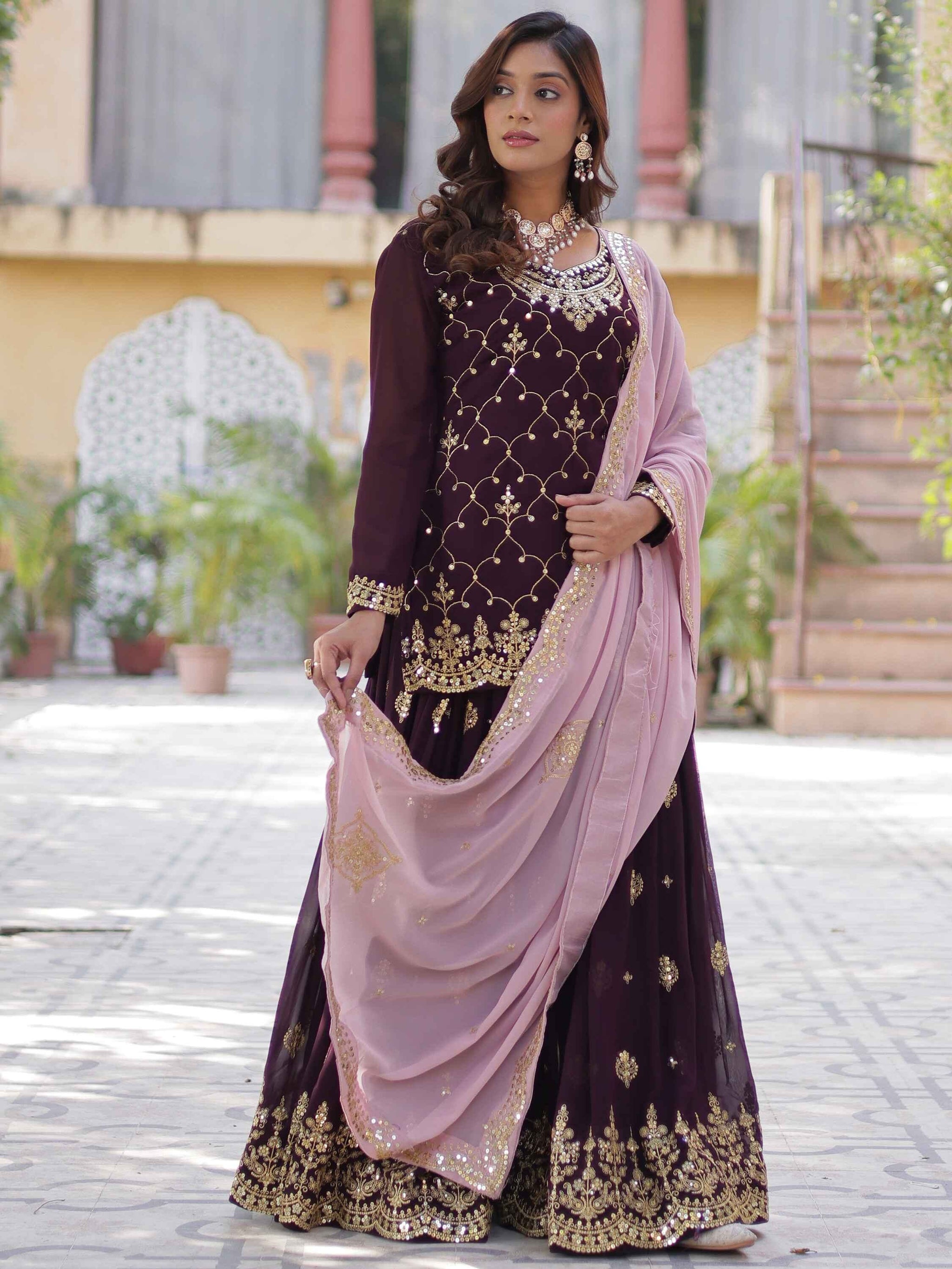 Ravishing Wine Embroidered Georgette Eid Wear Sharara Suit