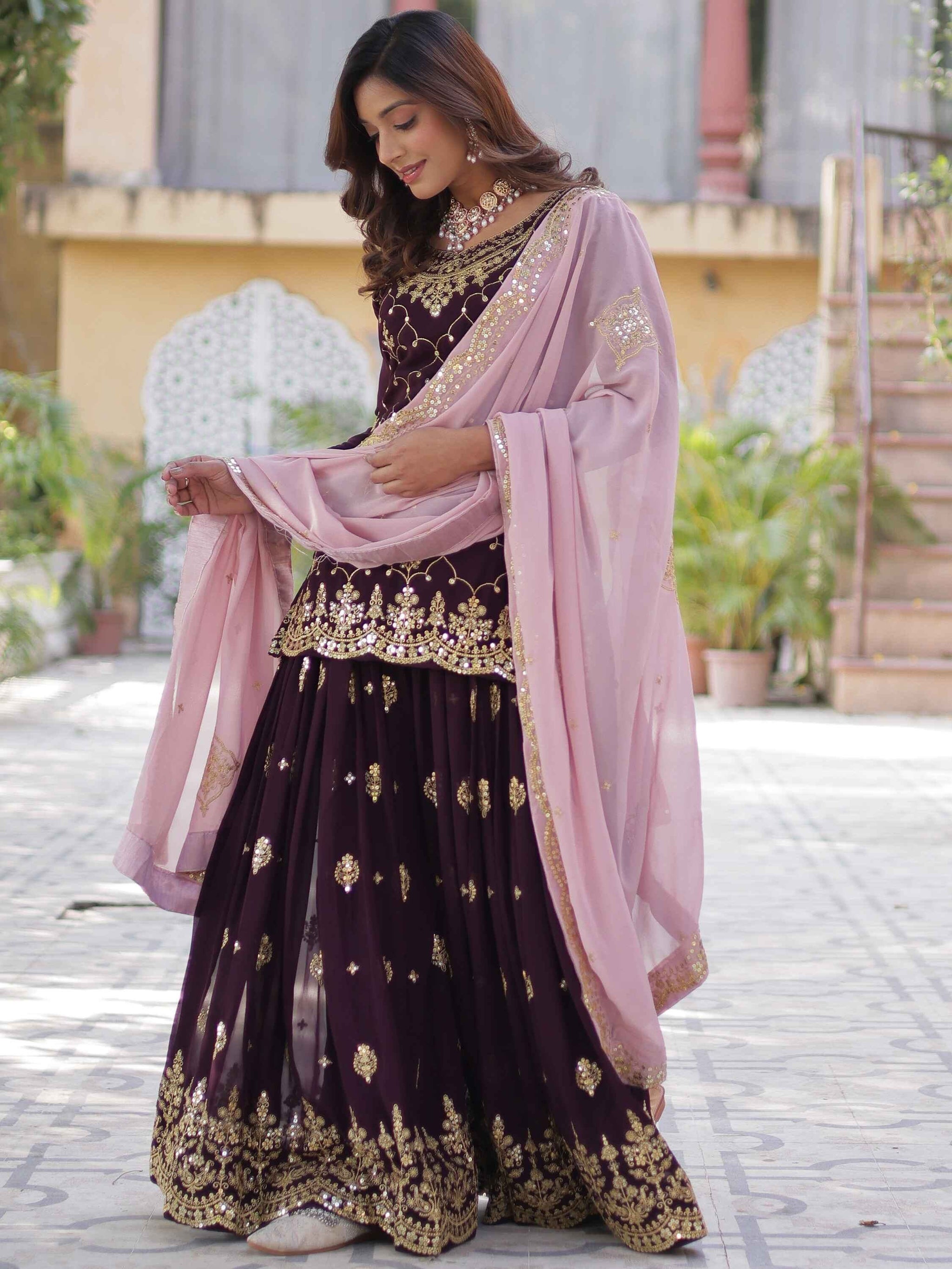 Ravishing Wine Embroidered Georgette Eid Wear Sharara Suit