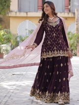 Ravishing Wine Embroidered Georgette Eid Wear Sharara Suit
