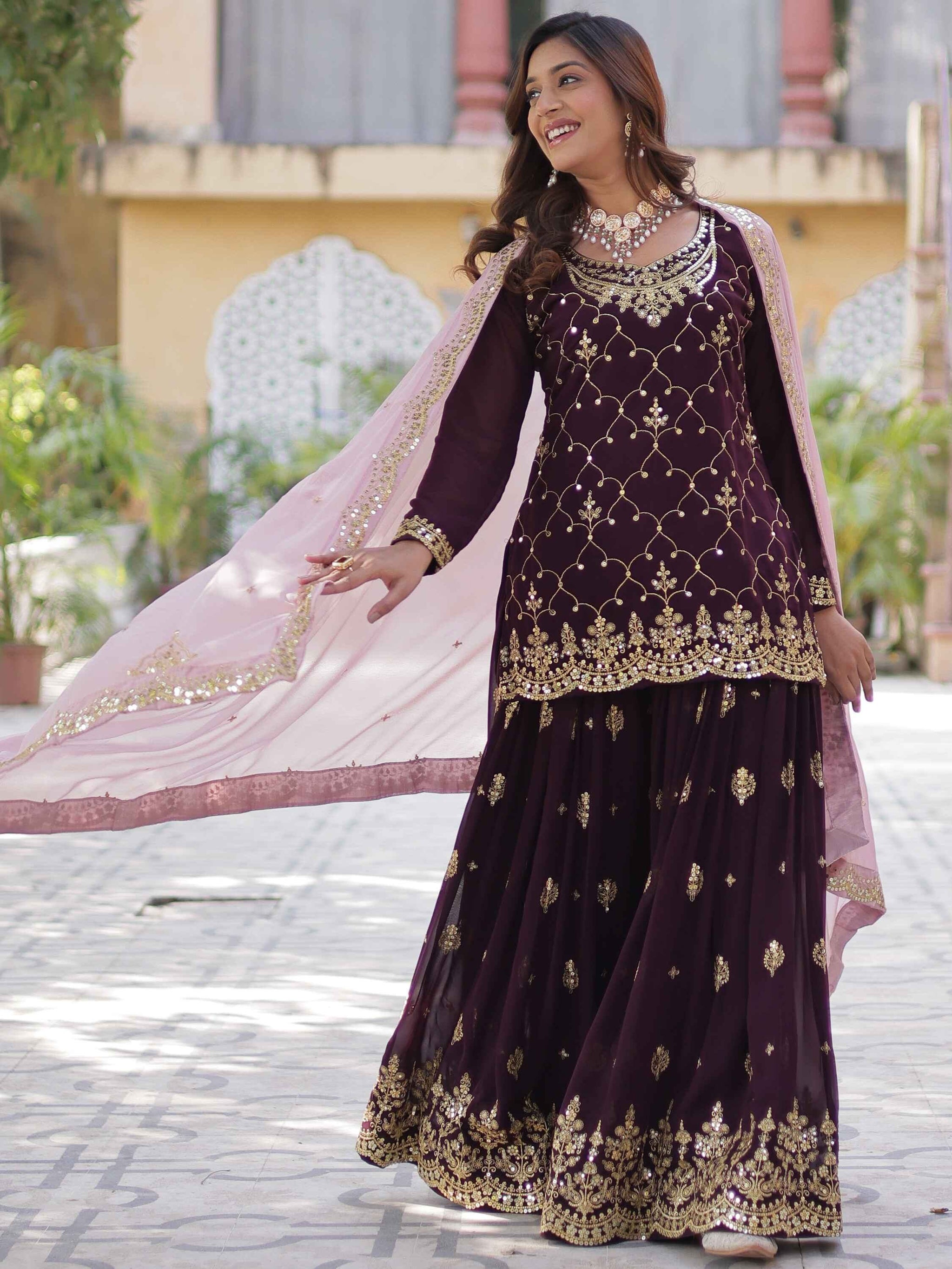 Ravishing Wine Embroidered Georgette Eid Wear Sharara Suit