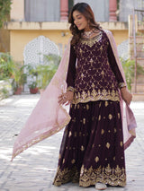 Ravishing Wine Embroidered Georgette Eid Wear Sharara Suit