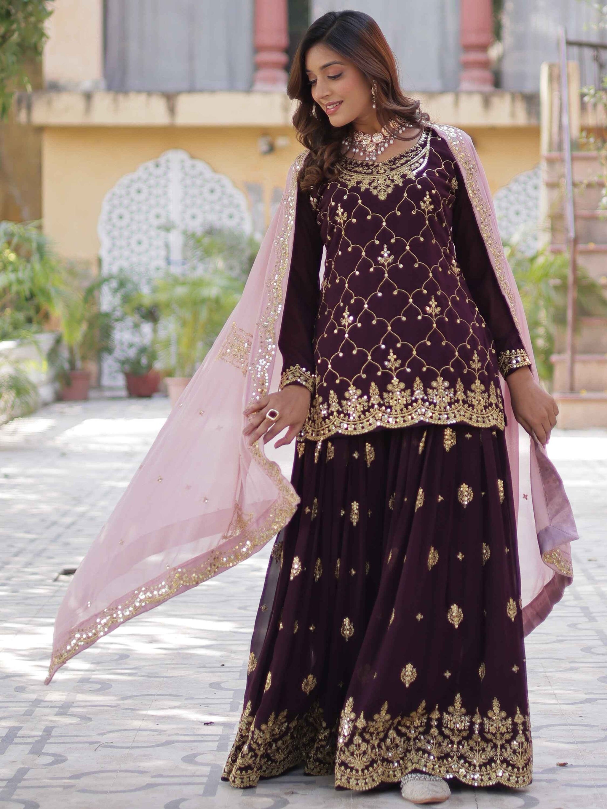 Ravishing Wine Embroidered Georgette Eid Wear Sharara Suit