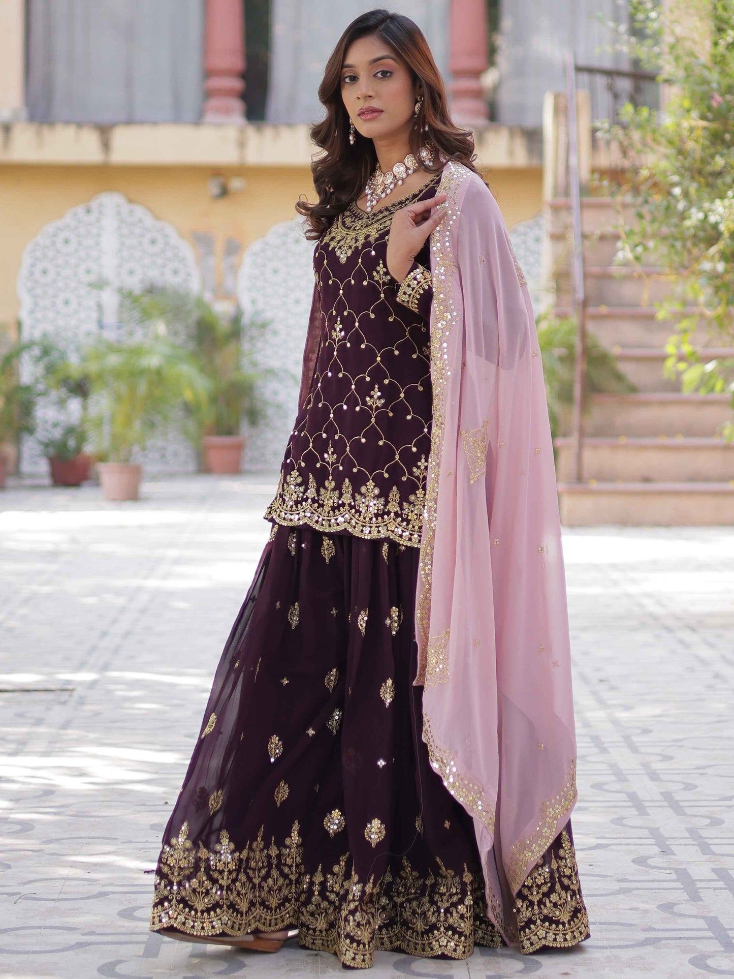 Ravishing Wine Embroidered Georgette Eid Wear Sharara Suit