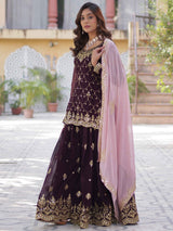 Ravishing Wine Embroidered Georgette Eid Wear Sharara Suit