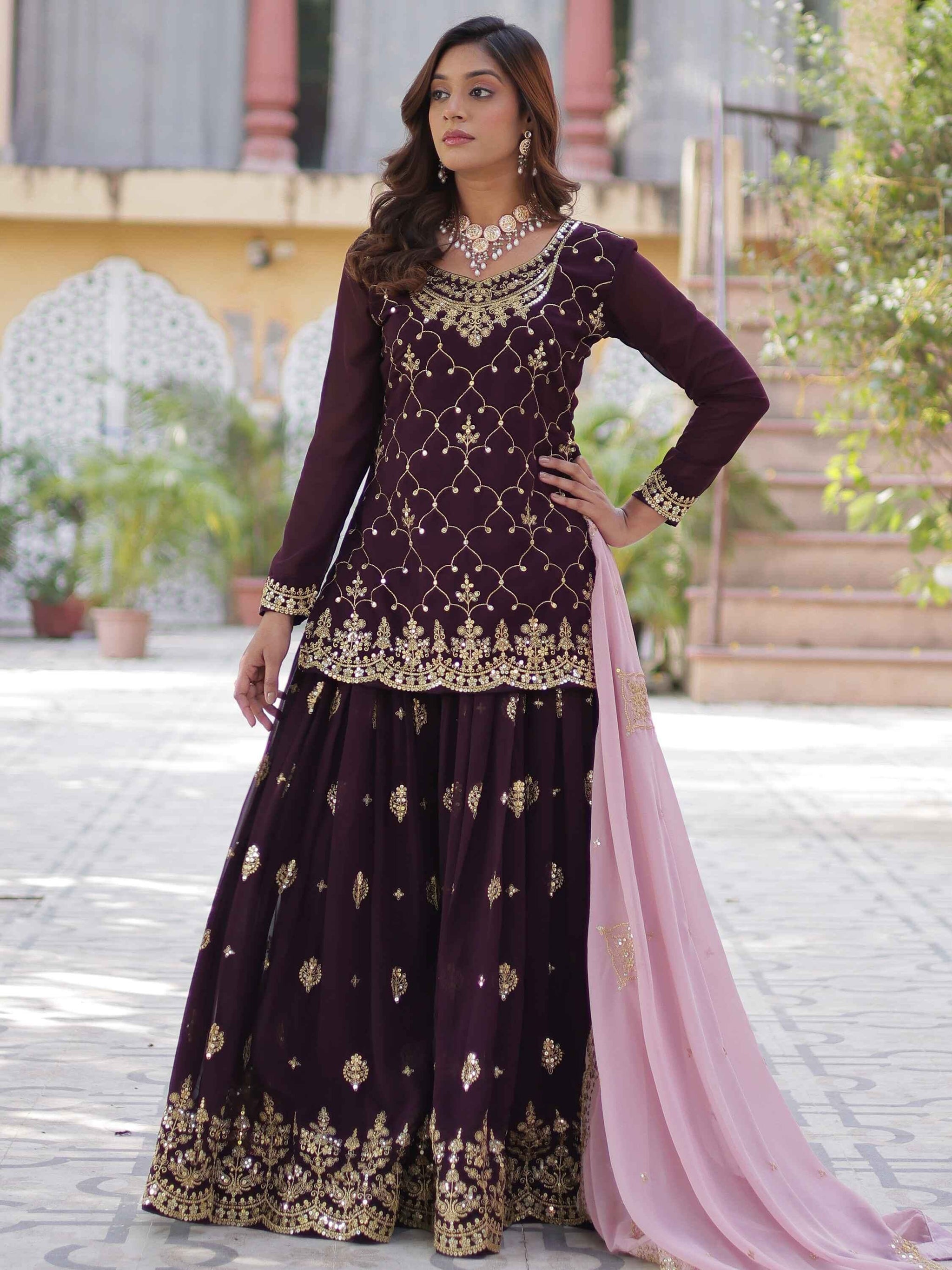 Ravishing Wine Embroidered Georgette Eid Wear Sharara Suit
