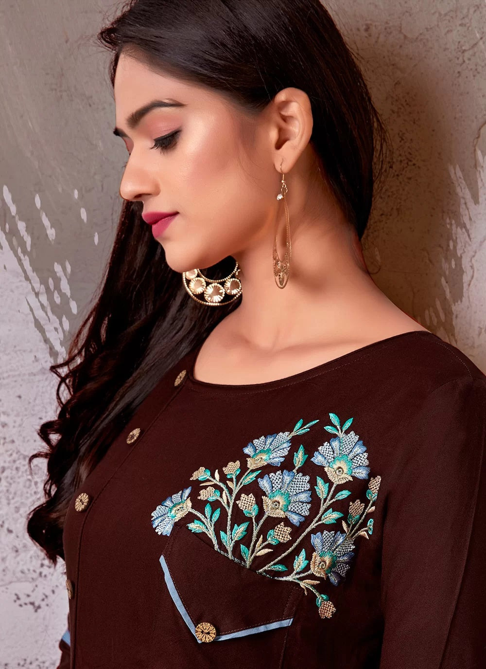 Rayon embroidery kurti design in brown