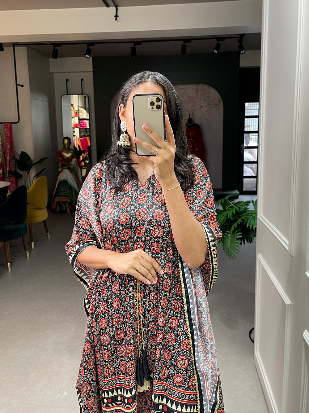 Multi Color Ajrakh Digital Printed Gaji Silk Kaftan