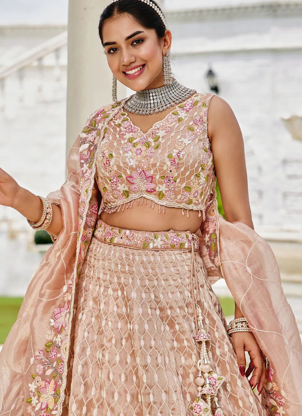 Stylish nude satin silk sequins bridal lehenga choli with dupatta