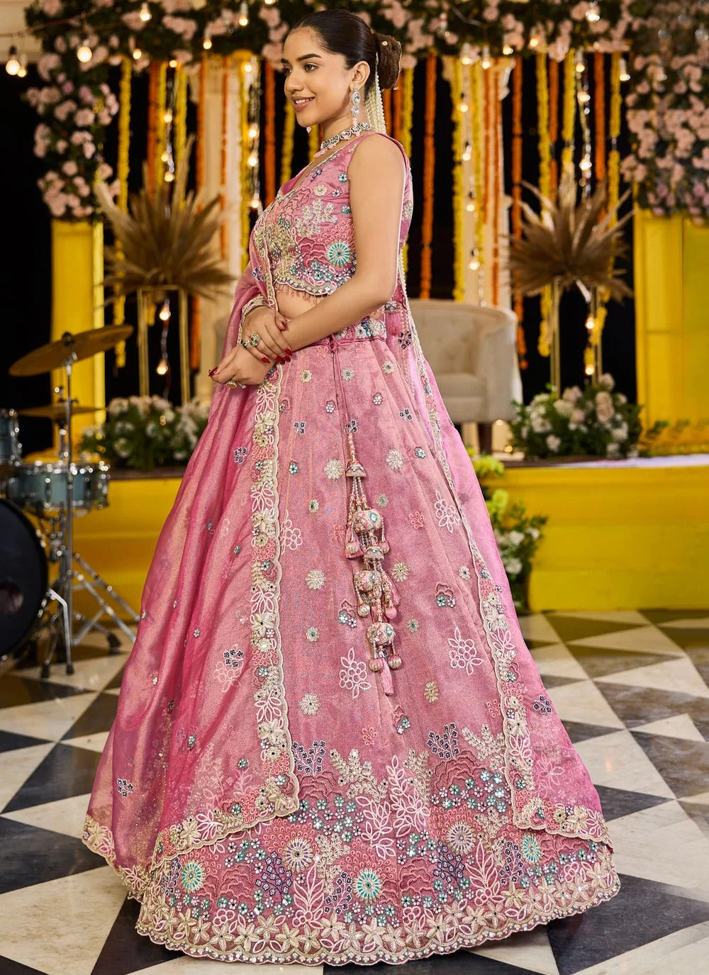 Elegant pink satin silk sequins girlish bridal lehenga with dupatta