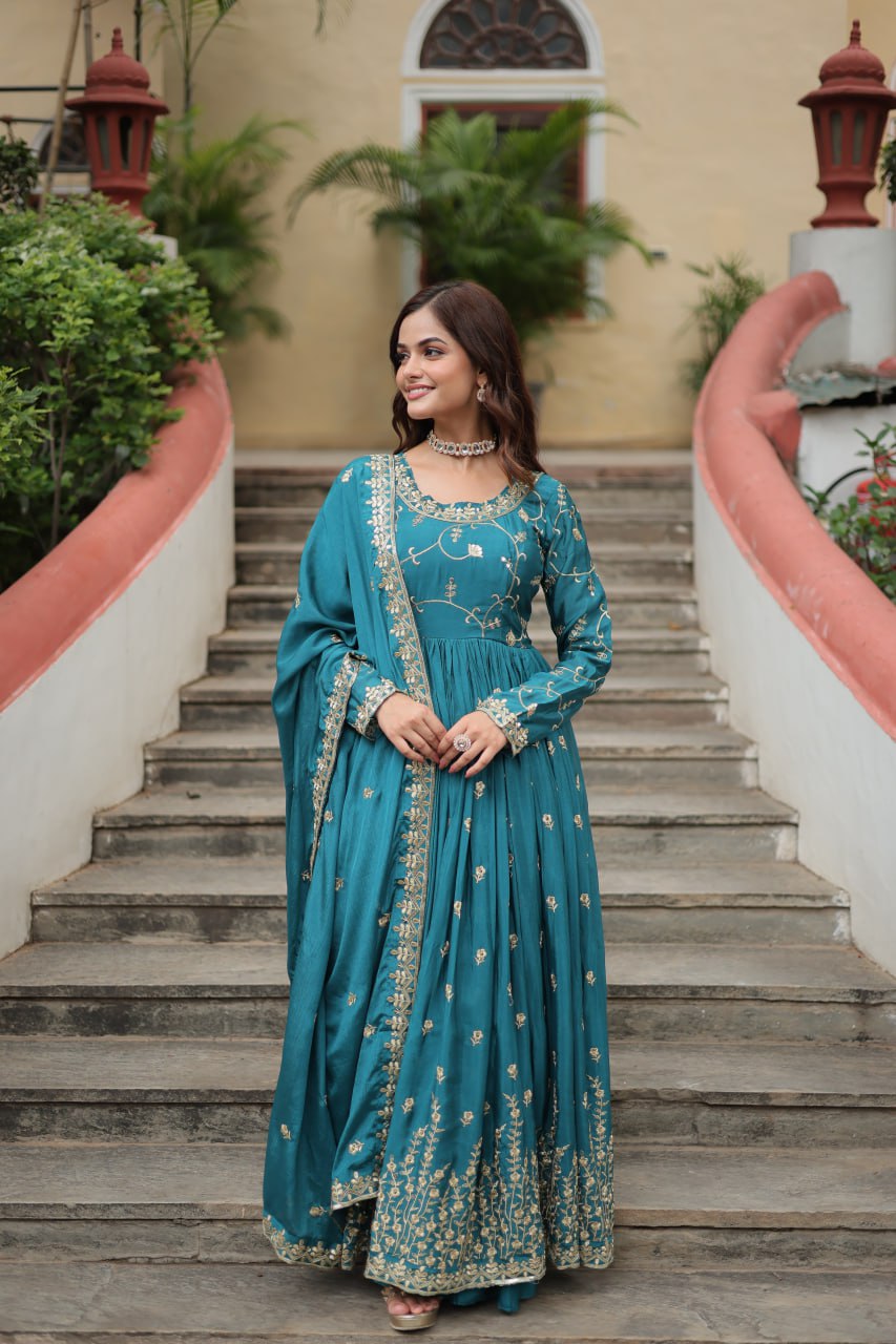 Rama Green Designer Readymade Top-Sharara-Dupatta  Sequins Embroidered Chinon Suit