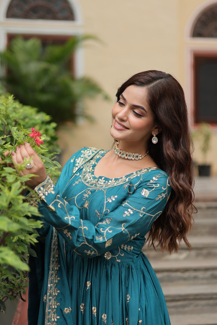 Rama Green Designer Readymade Top-Sharara-Dupatta  Sequins Embroidered Chinon Suit