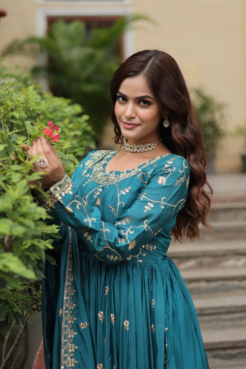 Rama Green Designer Readymade Top-Sharara-Dupatta  Sequins Embroidered Chinon Suit