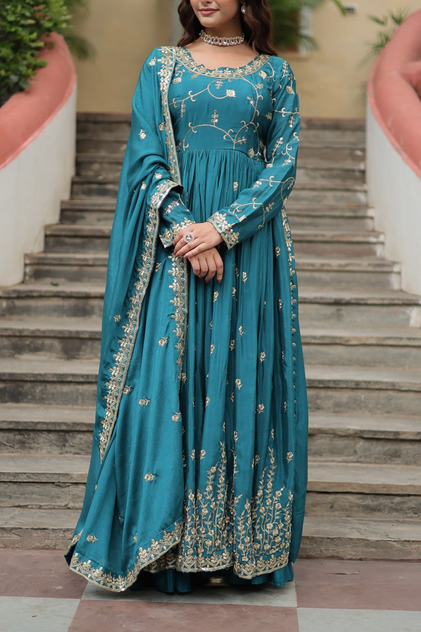 Rama Green Designer Readymade Top-Sharara-Dupatta  Sequins Embroidered Chinon Suit