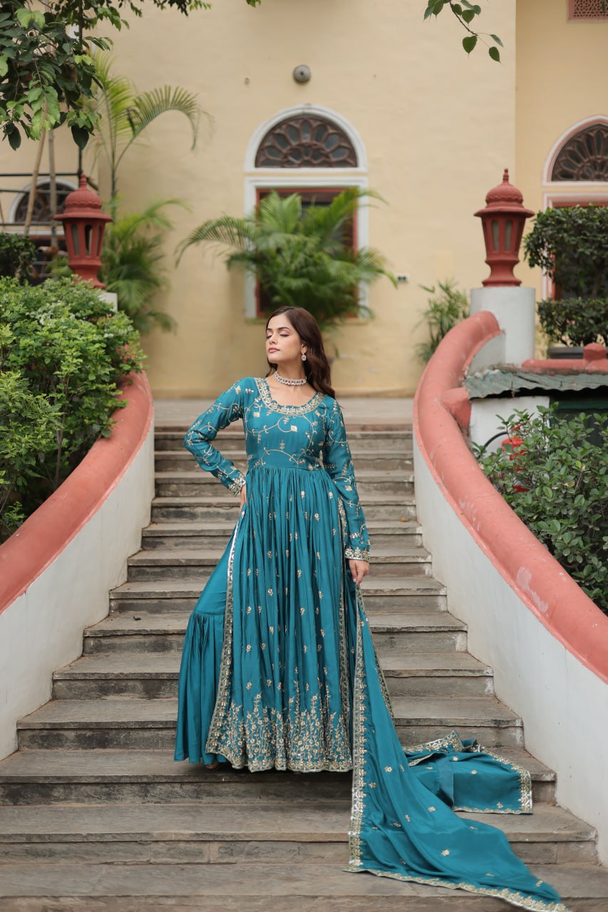 Rama Green Designer Readymade Top-Sharara-Dupatta  Sequins Embroidered Chinon Suit