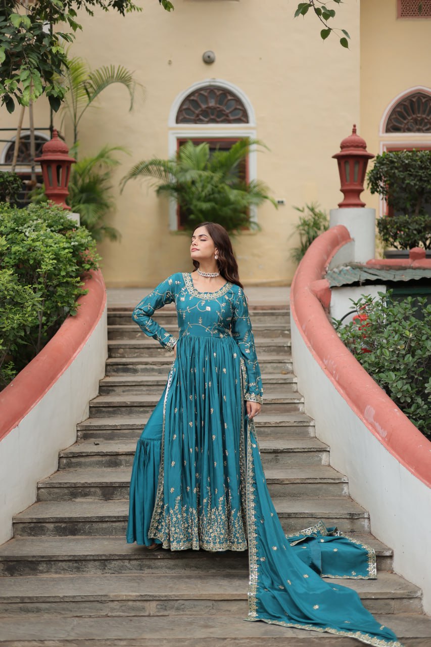 Rama Green Designer Readymade Top-Sharara-Dupatta  Sequins Embroidered Chinon Suit