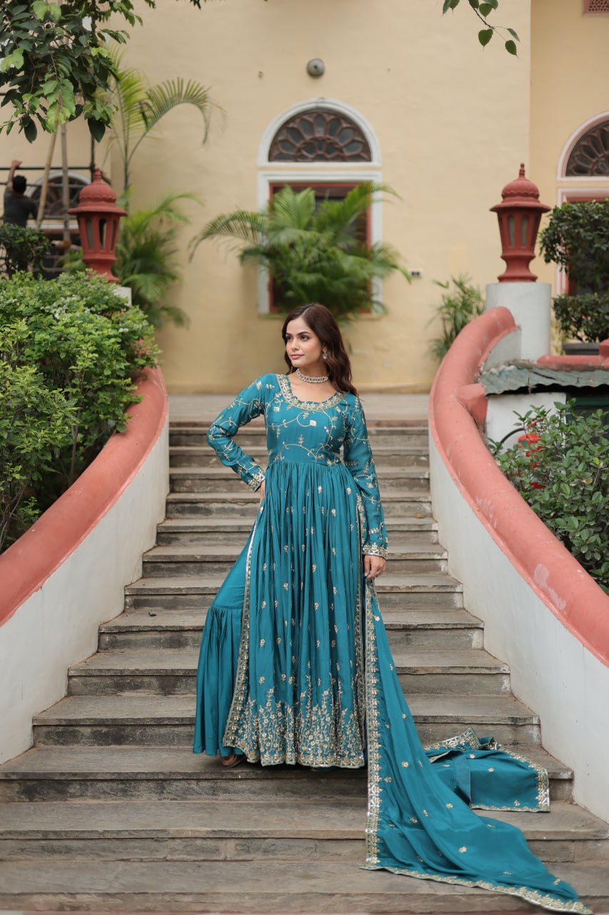 Rama Green Designer Readymade Top-Sharara-Dupatta  Sequins Embroidered Chinon Suit