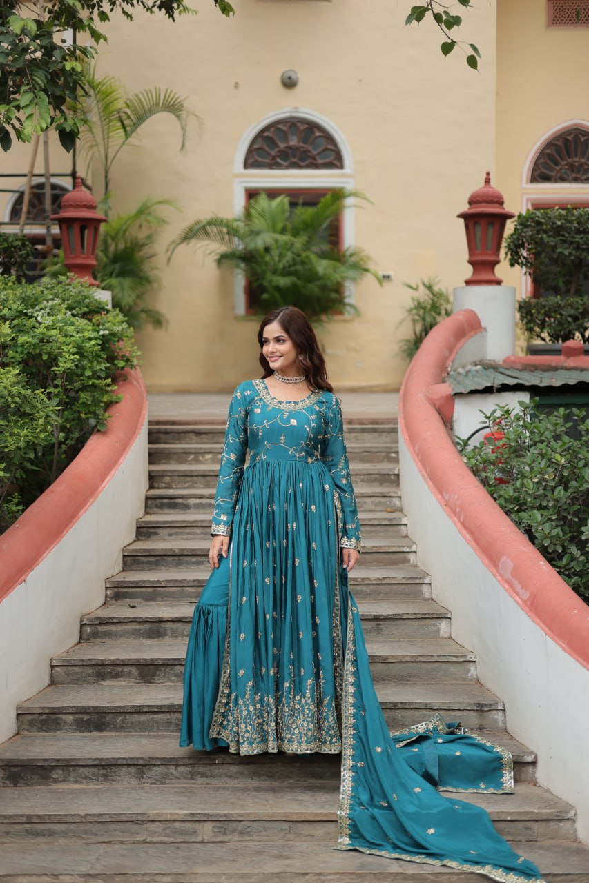 Rama Green Designer Readymade Top-Sharara-Dupatta  Sequins Embroidered Chinon Suit