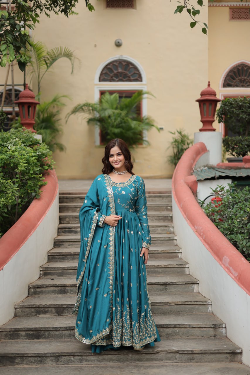 Rama Green Designer Readymade Top-Sharara-Dupatta  Sequins Embroidered Chinon Suit