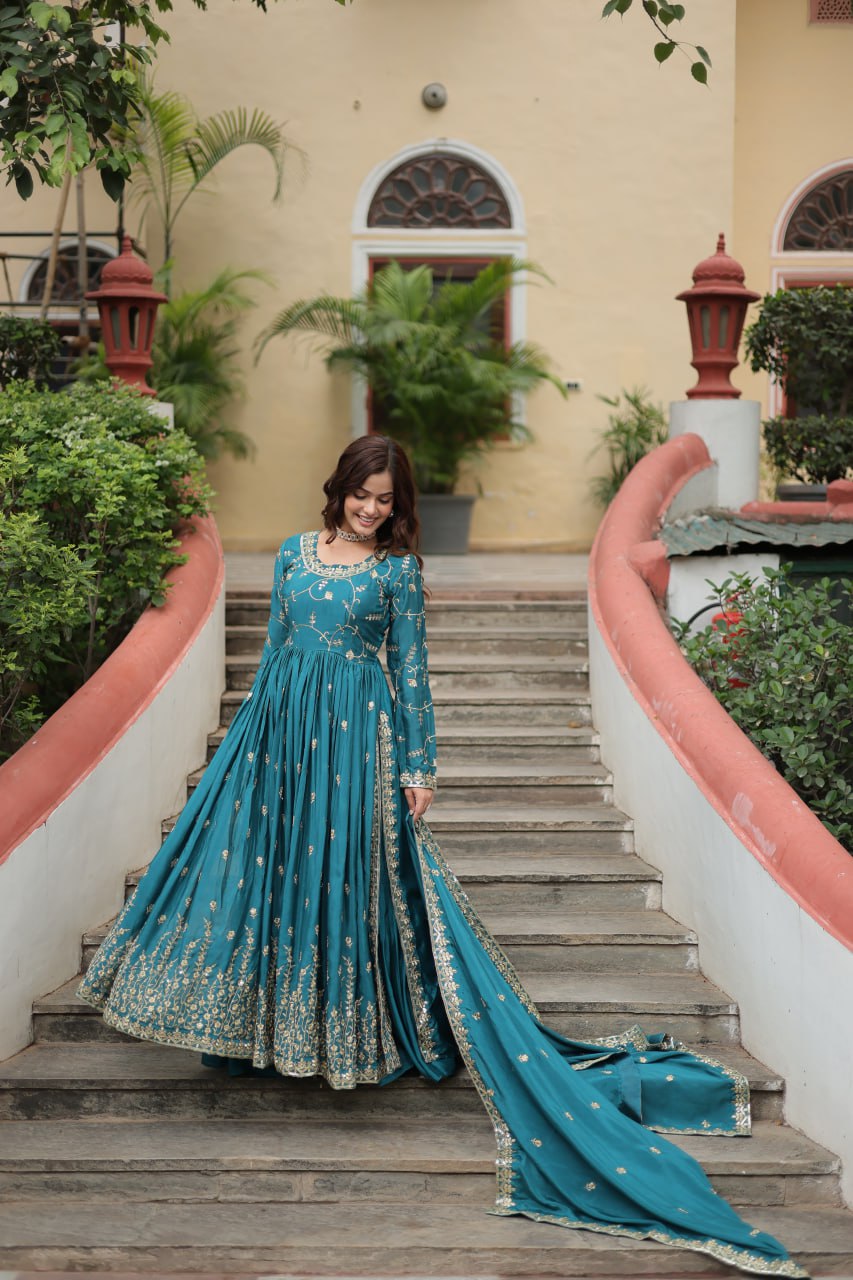 Rama Green Designer Readymade Top-Sharara-Dupatta  Sequins Embroidered Chinon Suit
