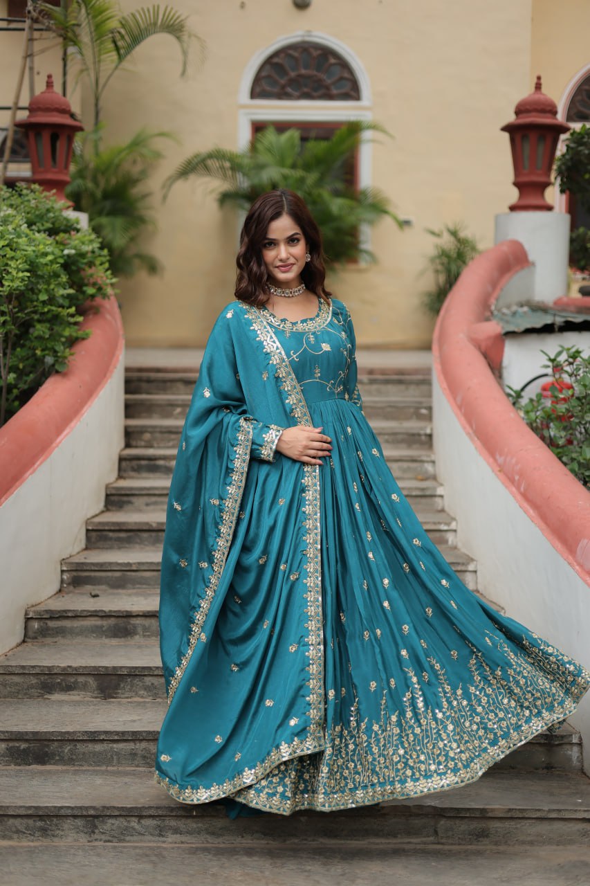 Rama Green Designer Readymade Top-Sharara-Dupatta  Sequins Embroidered Chinon Suit