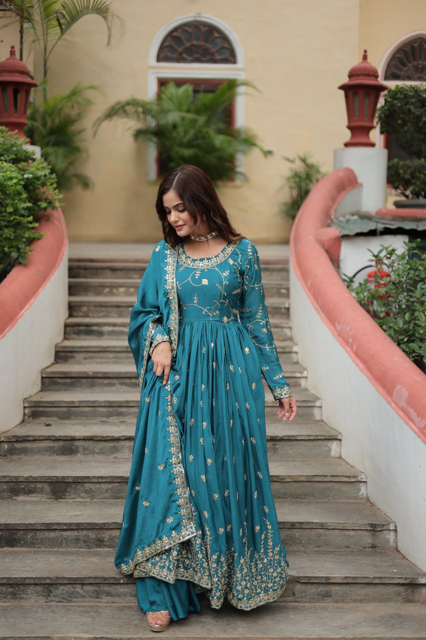 Rama Green Designer Readymade Top-Sharara-Dupatta  Sequins Embroidered Chinon Suit