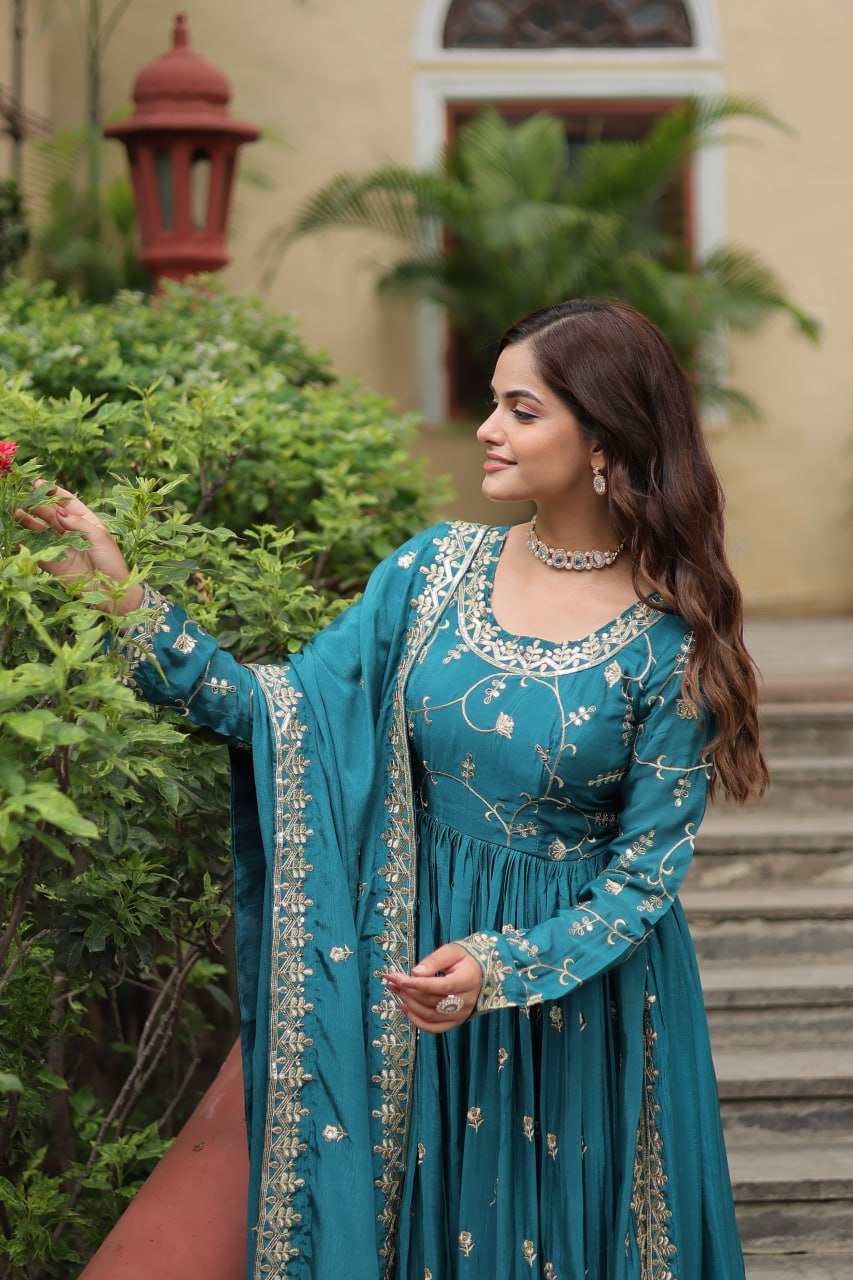 Rama Green Designer Readymade Top-Sharara-Dupatta  Sequins Embroidered Chinon Suit
