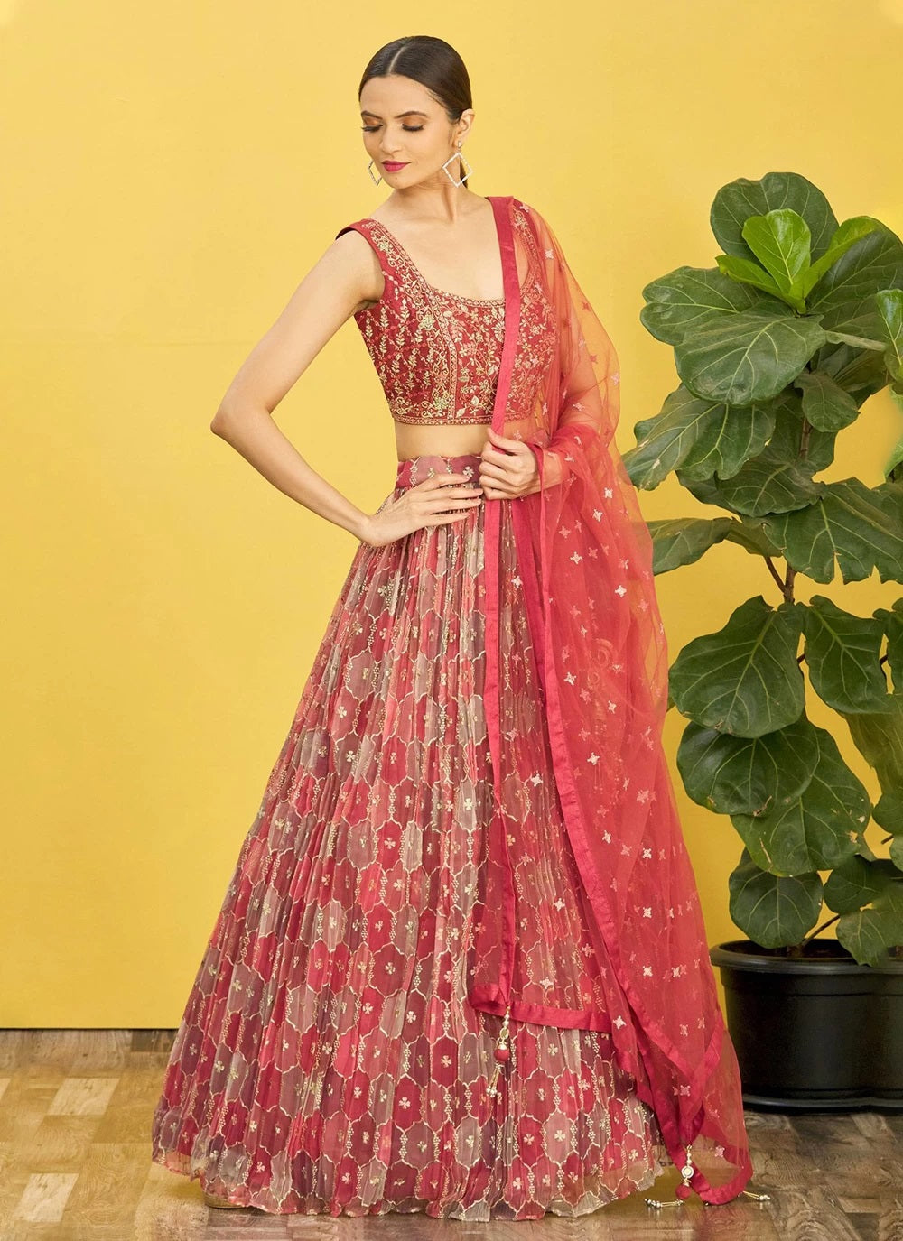 Real mirror and thread embroidered organza lehenga in brown