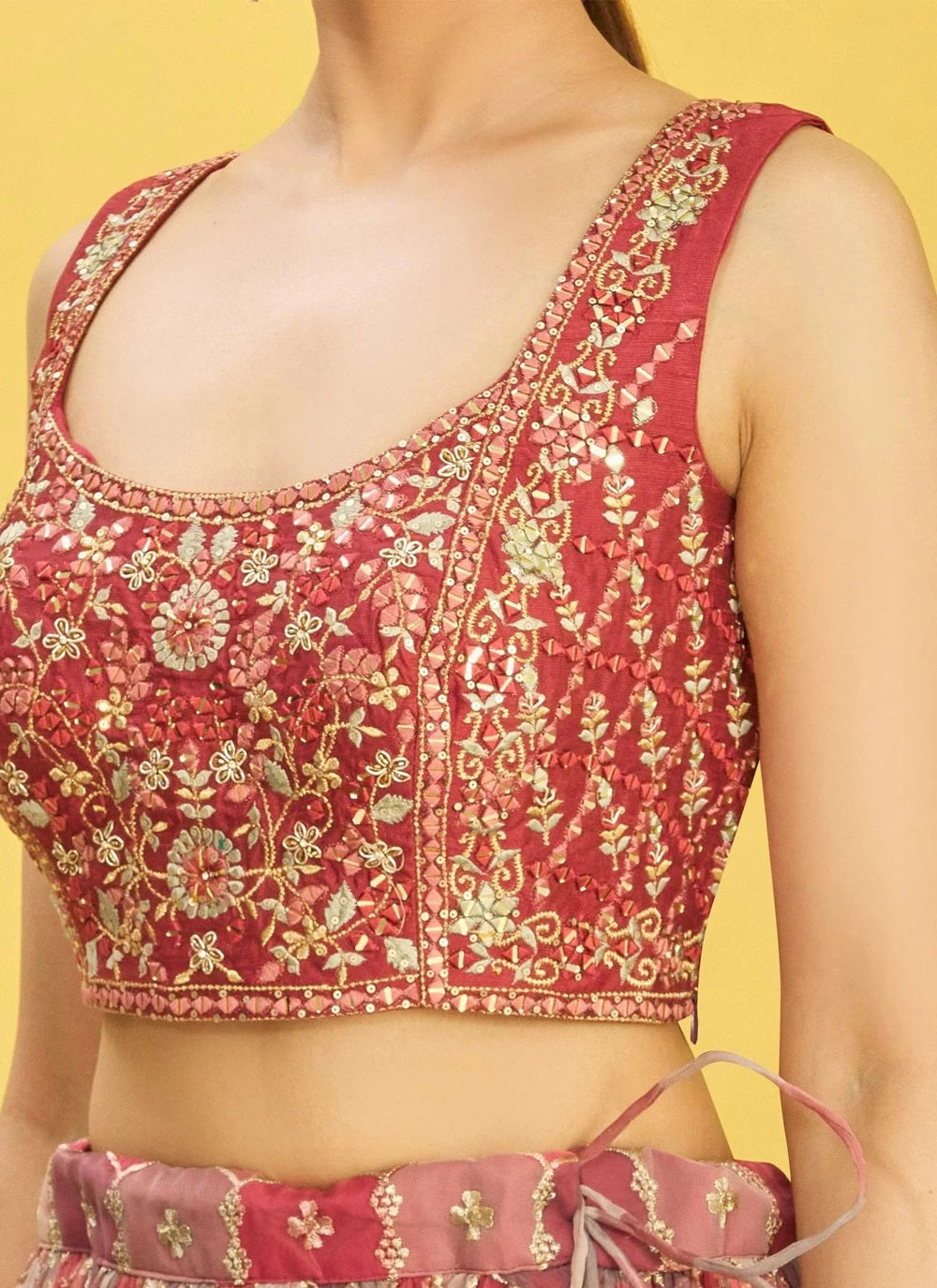 Real mirror and thread embroidered organza lehenga in brown