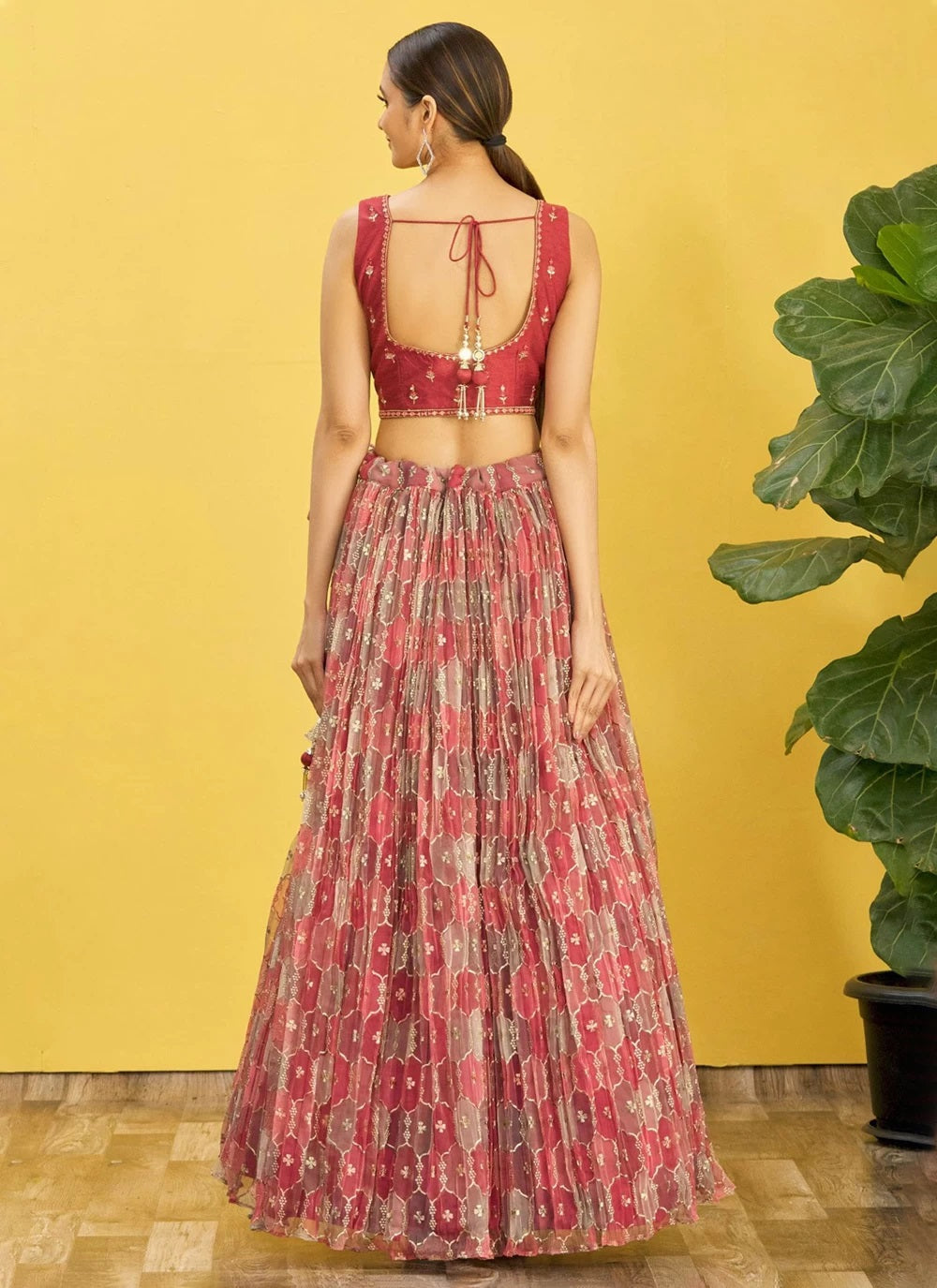 Real mirror and thread embroidered organza lehenga in brown