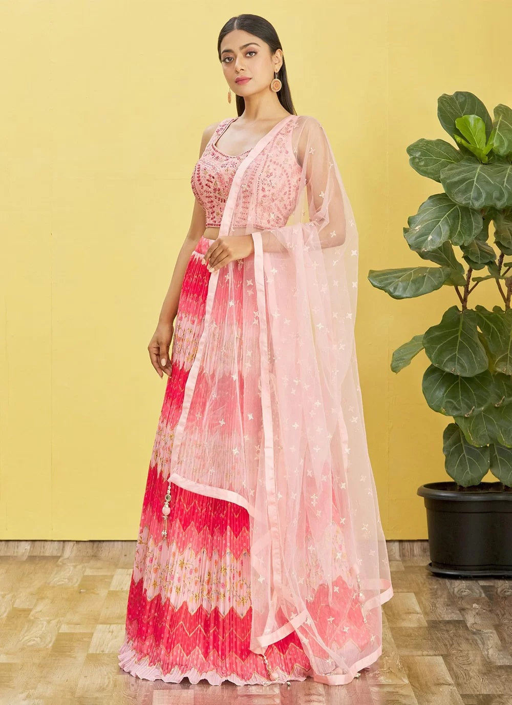 Real mirror and thread work chinnon lehenga in pink
