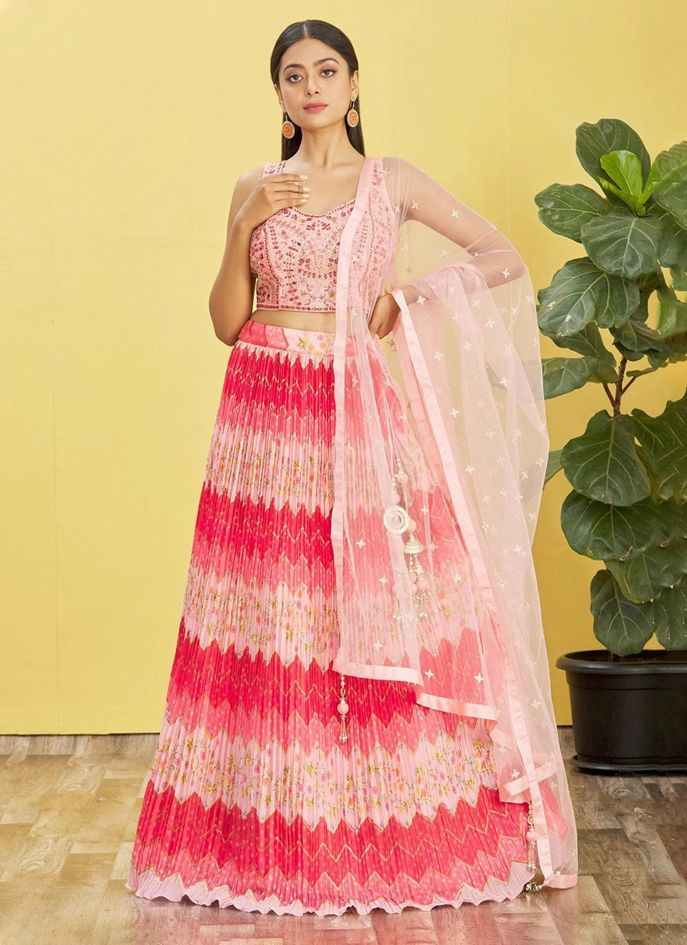 Real mirror and thread work chinnon lehenga in pink