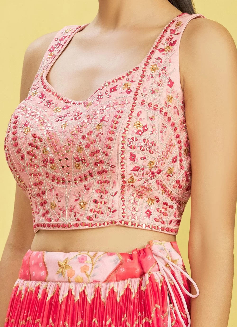 Real mirror and thread work chinnon lehenga in pink