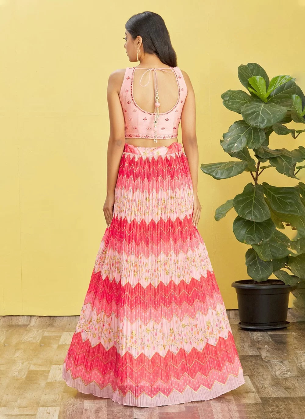 Real mirror and thread work chinnon lehenga in pink