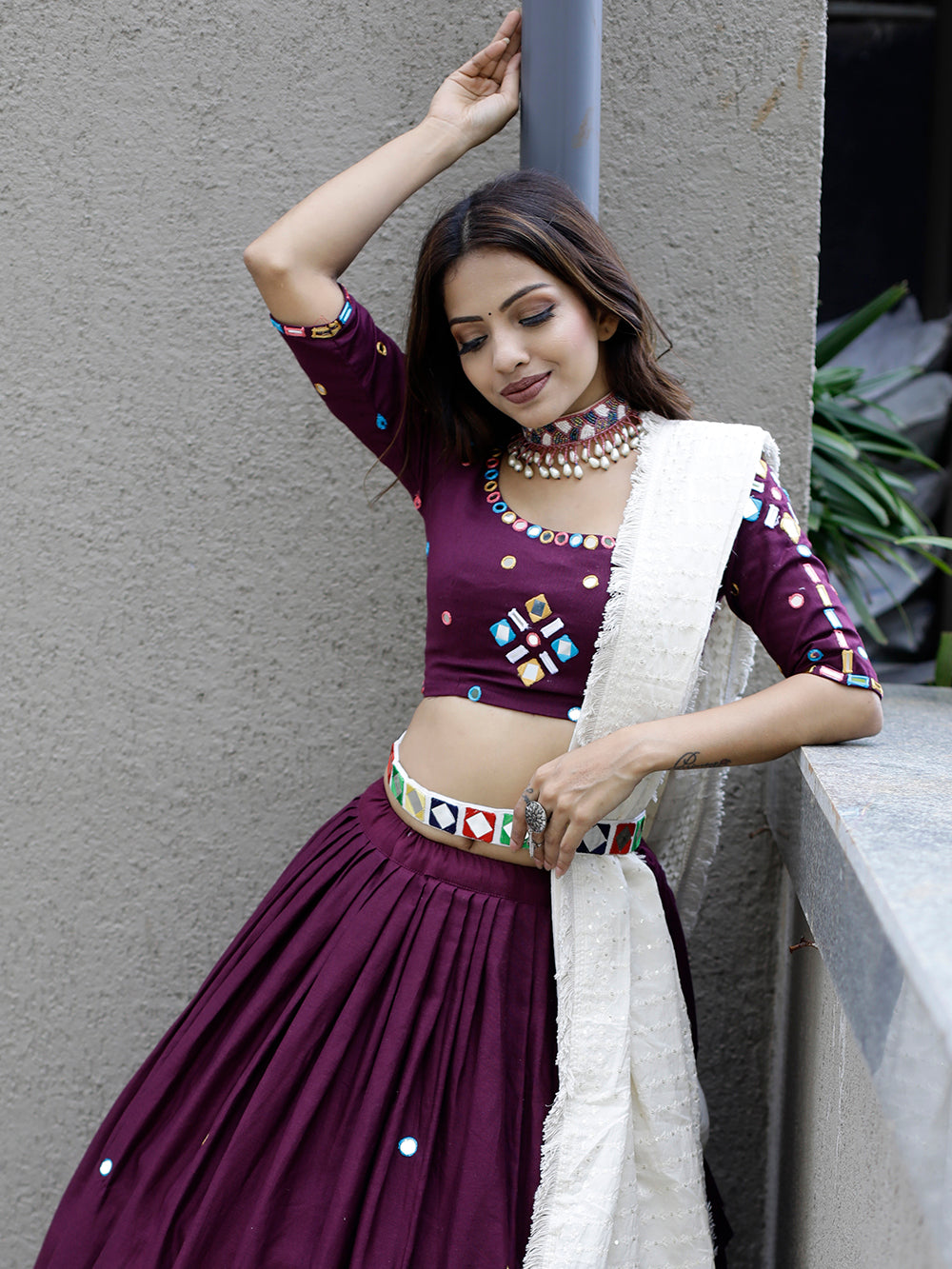 Wine Color Original Mirror Handwork Cotton Lehenga Choli