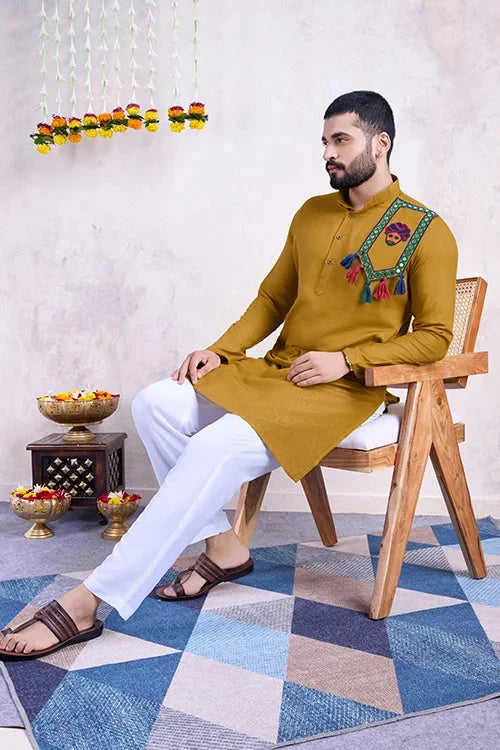 Real Mirror Work Navratri Special Yellow Color Mens Wear Kurta Collection