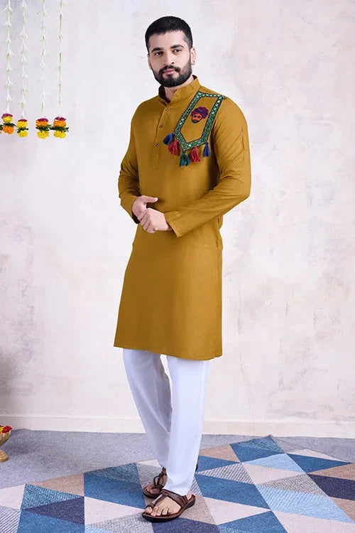 Real Mirror Work Navratri Special Yellow Color Mens Wear Kurta Collection