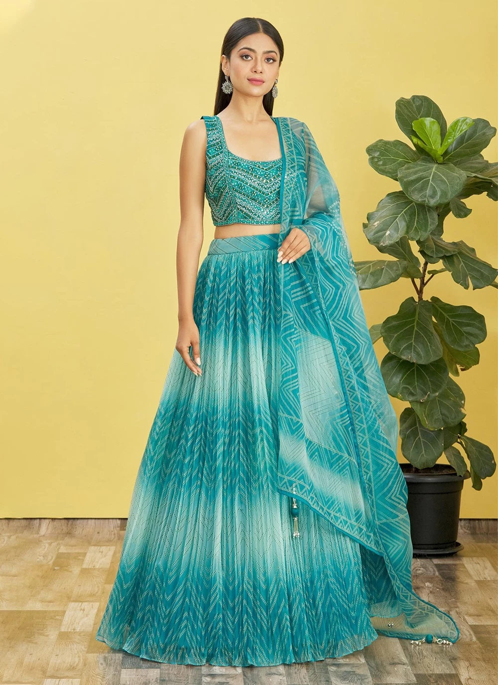 Real mirror work party wear blue lehenga in organza